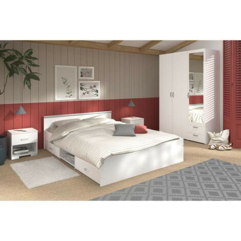 Chambre complète adulte ZODIAC – Lit 140x190 avec 2 tiroirs – Armoire 3 portes avec miroir et 2 tiroirs – 2 chevets – Décor blanc – Parisot