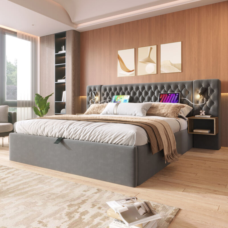 Lit Coffre 160x200 cm, Chambre Complète avec 2 Tables de Chevet, Lampes de Lecture et USB, Velours Gris