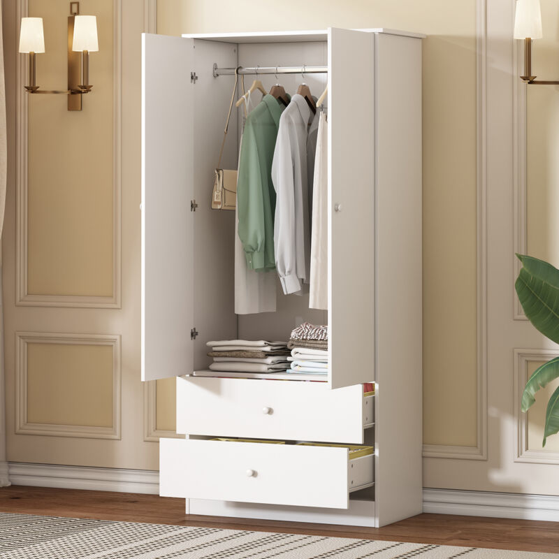 Armoire avec tringle, armoire avec 2 portes, 2 tiroirs, pour chambre à coucher, salon, armoire de couloir, blanc