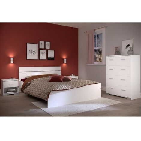 Chambre complète BOSTON – Lit adulte 140x190 cm – Commode 4 tiroirs – 2 chevets avec tiroir – Décor blanc moderne – Parisot