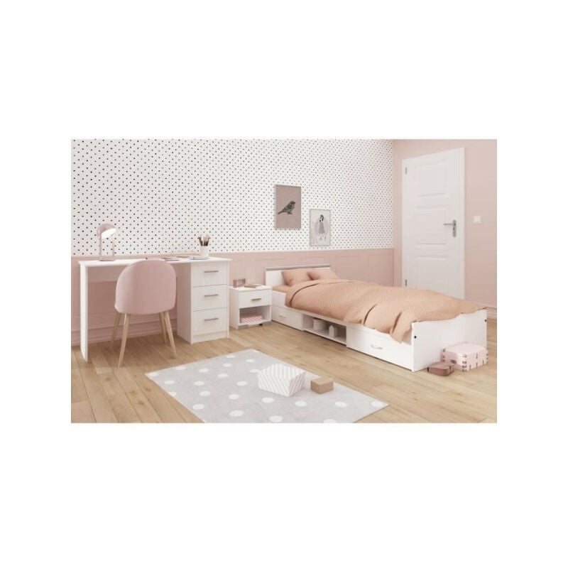 chambre complete enfant 3 pieces zodiac - lit + chevet + bureau - décor blanc mat parisot