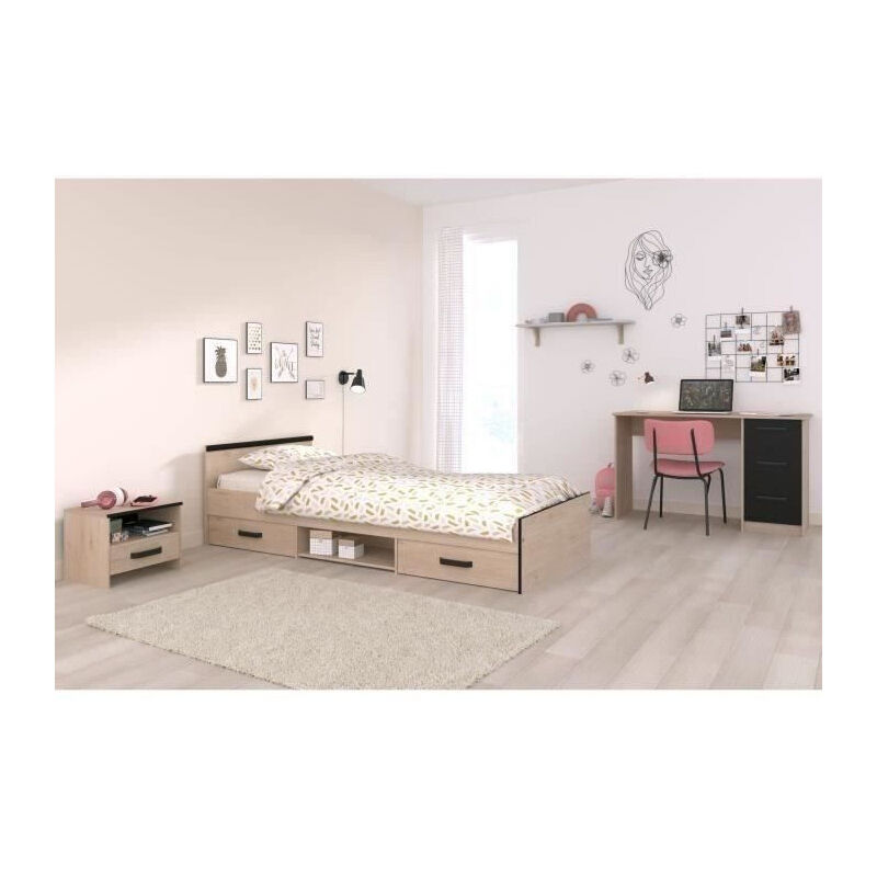 Chambre complete enfant 3 pieces zodiac - Lit + chevet + bureau - Décor chene/noir Parisot