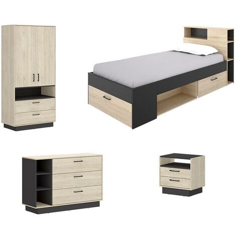 Chambre complète enfant lit 90 x 190 cm + Chevet + Armoire + Commode - Coloris : Naturel et anthracite - LEANDRE - Gris anthracite, Naturel clair