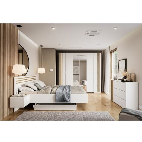 MEUBLORAMA Chambre complète FLORENCE – Lit 160x200 + sommier + tiroirs + armoire + commode – Blanc et chêne