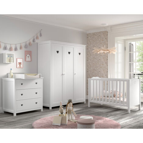 Chambre complète lit bébé 60x120 commode à langer et armoire 3 portes Vipack Amori Blanc
