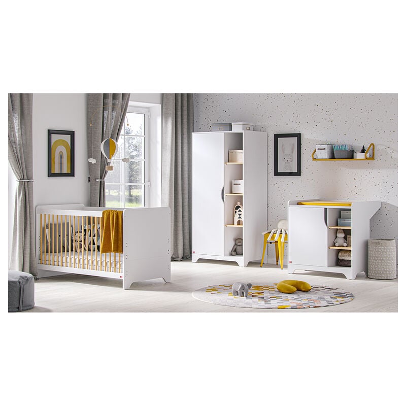 VOX - Chambre complète lit bébé - commode à langer - armoire 1 porte Leaf Blanc et bois