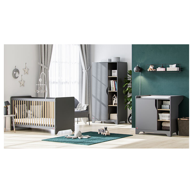 VOX - Chambre complète lit bébé - commode à langer - armoire 1 porte Leaf Gris et bois