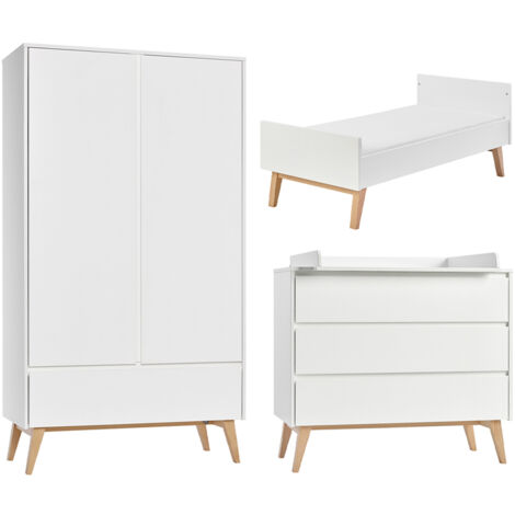 Chambre complète lit évolutif 70x140 commode à langer et armoire 2 portes Pinio Swing - Blanc et bois