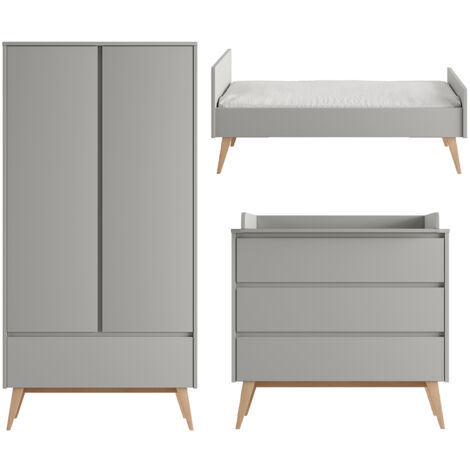 Chambre complète lit évolutif 70x140 commode à langer et armoire 2 portes Pinio Swing Gris et bois