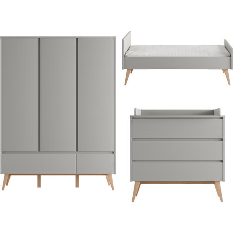 Chambre complète lit évolutif 70x140 commode à langer et armoire 3 portes Pinio Swing Gris et bois