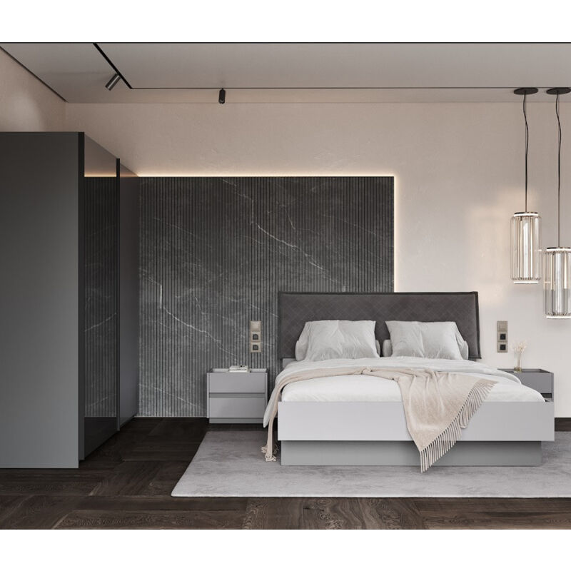 Azura Home Design - Chambre complète teo lit + 2 chevets + commode anthracite