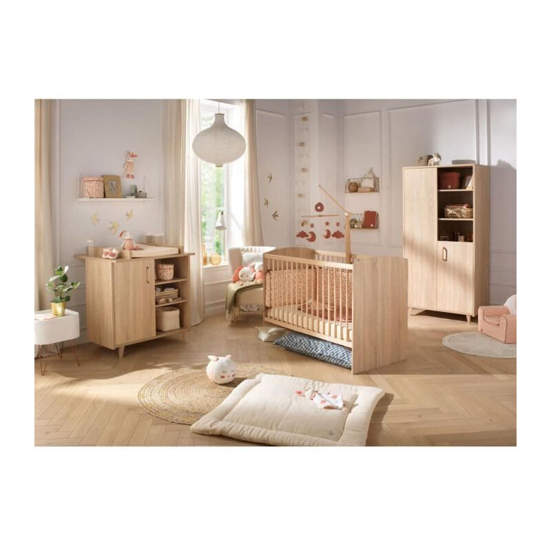 Sauthon - Chambre complete trio bébé Sam Chene doré - Lit bébé 120 x 60 cm, commode a langer et armoire