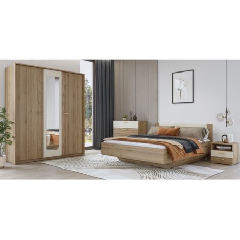 Chambre complète VERTIGO – Lit coffre 180x200, 2 chevets, armoire 3 portes, commode + cadre design