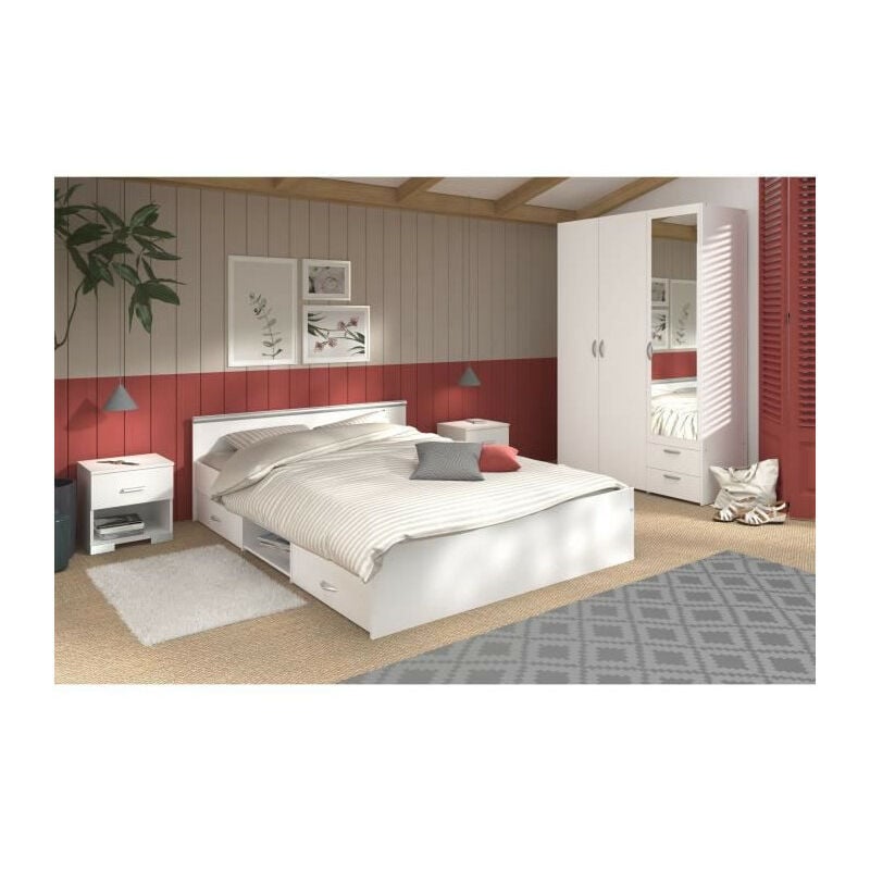Chambre complete zodiac : Lit 140x190 avec tiroir + Armoire 3 portes et 2 tiroirs + 2 chevets - Décor Blanc Parisot