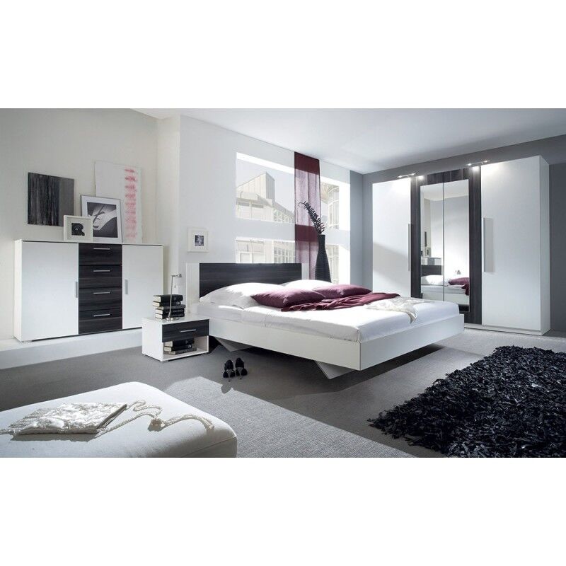 Chambre complète Irina coloris blanc et gris anthracite : Lit 180x200 cm + armoire + commode + chevets. - Blanc