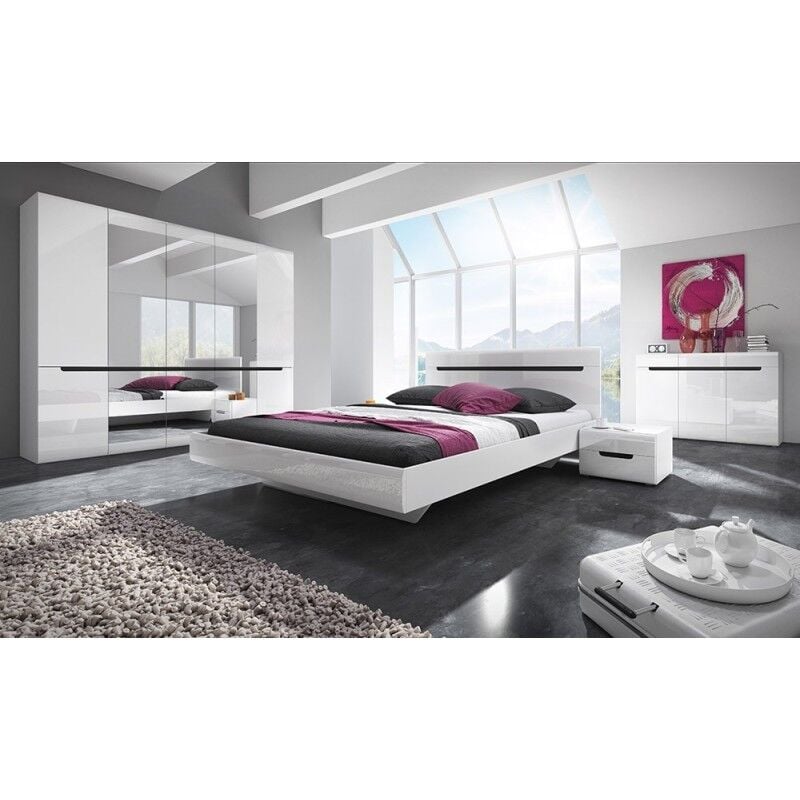 Chambre à coucher LUCIA : Armoire 4 portes + Lit 180x200 + 2 Chevets. Couleur blanc, style design - Blanc