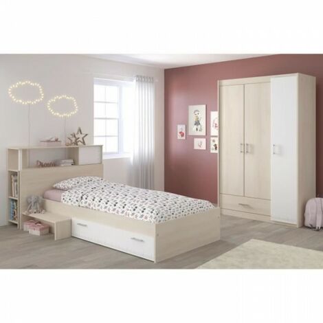 Chambre d'enfant complète 3 pièces – Lit avec tiroir réversible – Armoire 3 portes avec penderie – Décor acacia clair et blanc – Parisot