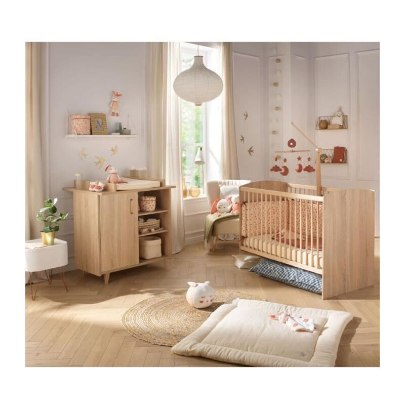 Sauthon - Chambre duo bébé Sam Chene doré - Lit bébé 120 x 60 cm et commode a langer