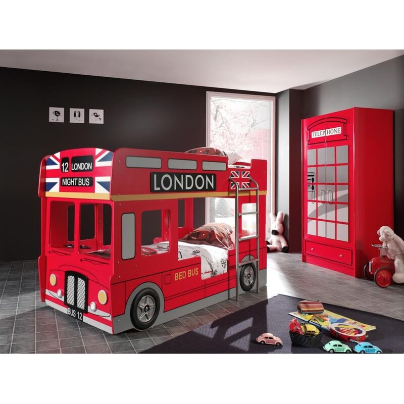 Chambre enfant 2 pièces lit superposé bus 90x200 cm et armoire bois laqué rouge Londres