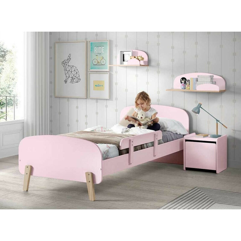 Chambre enfant 3 pièces lit chevet et coffre bois laqué rose et pin clair Kiddy 90x200 cm