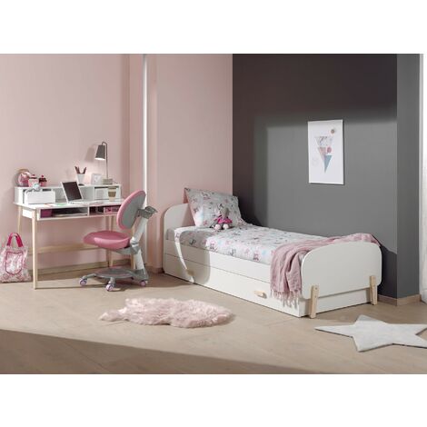 Chambre enfant 3 pièces lit gigogne et bureau laqué blanc et pin clair Kiddy 90x200 cm