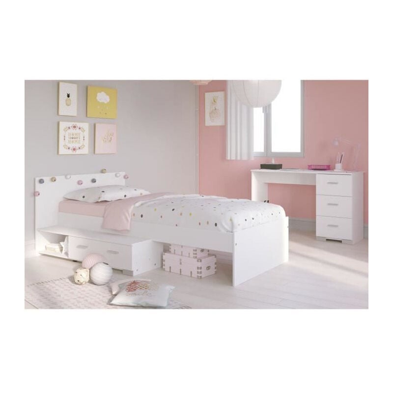 Cosmos Chambre enfant complete 2 pieces - Lit + bureau - Style essentiel - Decor blanc