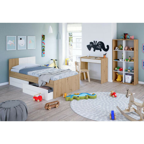 TMM Chambre enfant complète 90x190 Blanc/Chêne - TOZA n°1 - Cadre de lit : L 97 x l 196 x H 77 cm Bibliothèque : L 136 x l 33 x H 72 cm , Bureau : L 81 x l 40 x H 77 cm