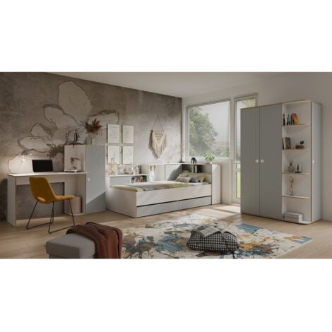 Chambre enfant complète ELYO – Bureau + Lit + Armoire avec bibliothèque