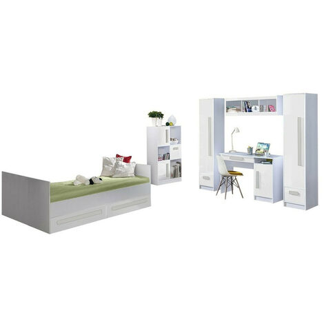 Chambre enfant complète Merevari 108, Blanc + Blanc brillant + Gris