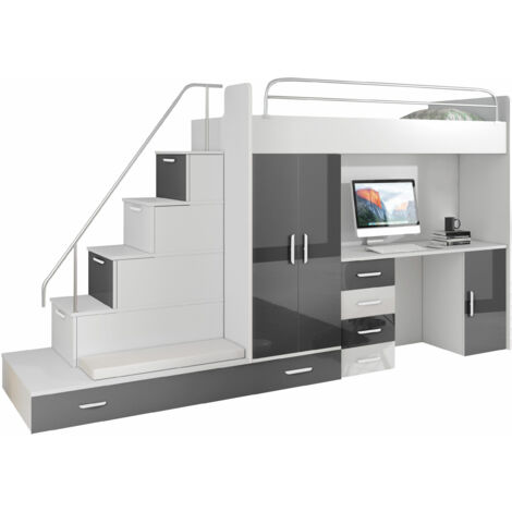 Chambre enfant complète Salmere 100, Blanc + Blanc brillant + Gris brillant