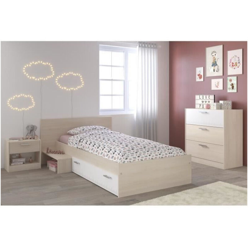 Les Tendances – Chambre d'enfant complète 90 x 190 cm – Structure en panneaux de particules décor acacia clair et blanc – Tiroir réversible inclus