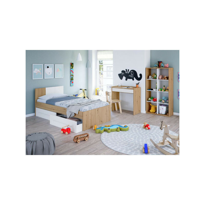 TMM - Chambre enfant complète 90x190 Blanc/Chêne - toza n°1 - Cadre de lit : l 97 x l 196 x h 77 cm Bibliothèque : l 136 x l 33 x h 72 cm , Bureau :