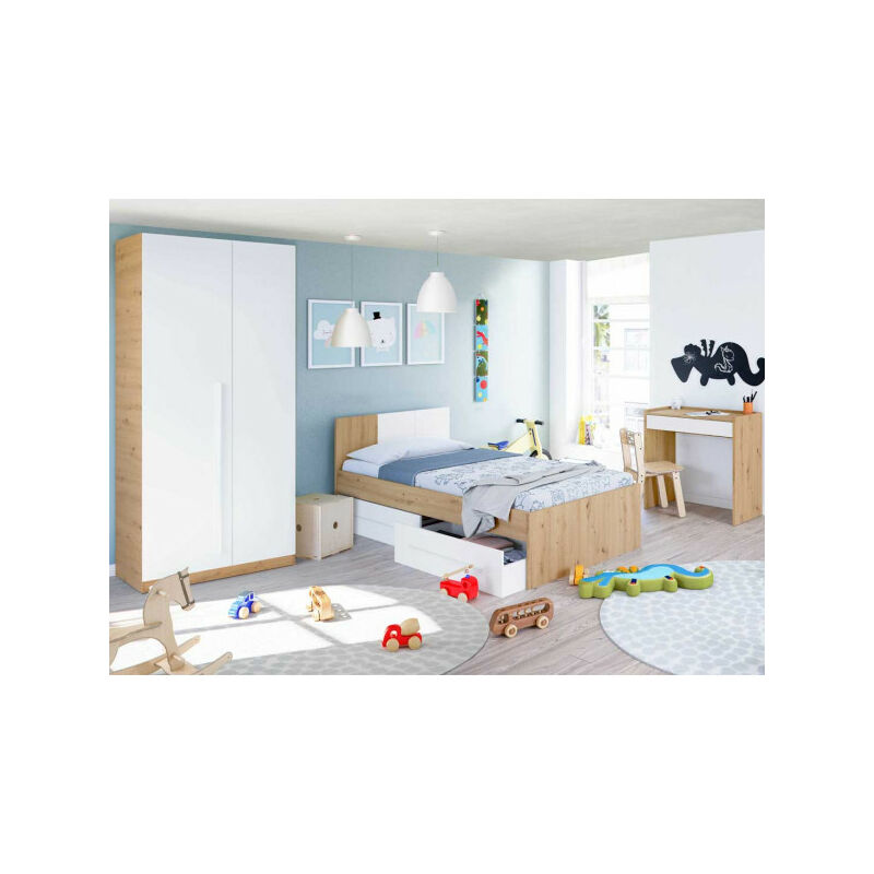 TMM - Chambre enfant complète 90x190 Blanc/Chêne - toza n°2 - Cadre de lit : l 97 x l 196 x h 77 cm Armoire : l 90 x l 52 x h 200 cm , Bureau : l 81