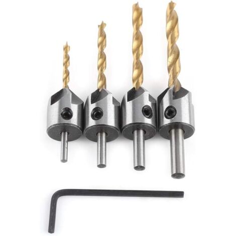 Chamfer Cutter, 5 Flutes Countersink Drill Bit with Hex Key Chamfering Tool for Wood(4pcs, 3/4/5/6mm)