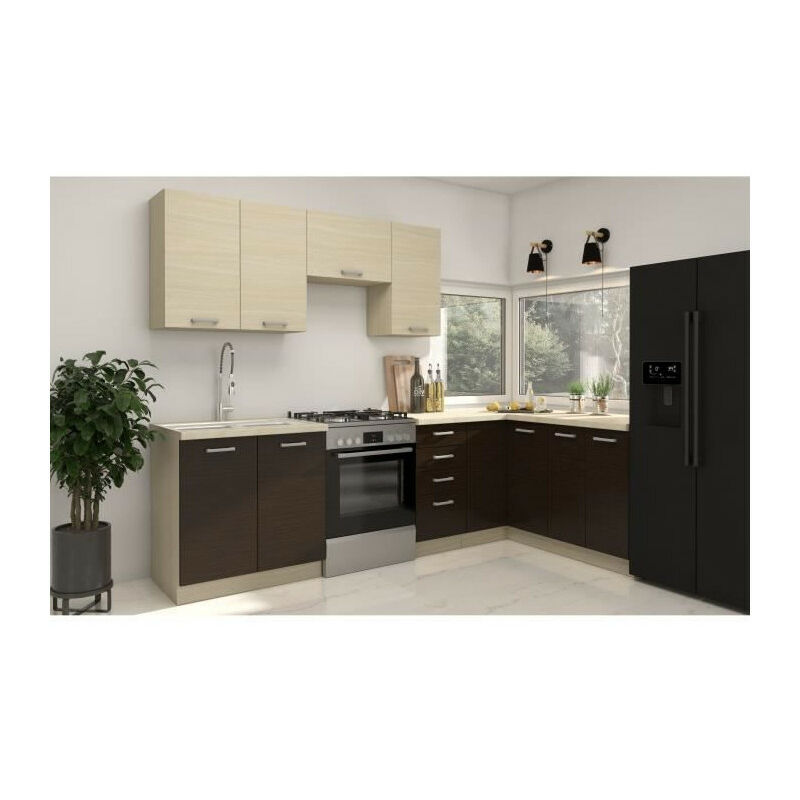 CHAMONIX Cuisine complete d'angle 270x150cm 7 éléments - Décor chene clair - L270 x P150 x H82 cm