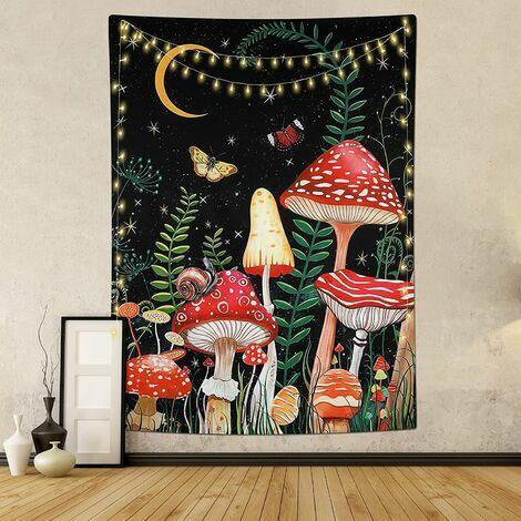 Champignon Tapisserie Lune et Étoiles Tapisserie Murale Papillon Tapisserie Verticale Esthétique Tarot Tapisserie Tenture Murale pour Chambre Salon Décor (M/130x150cm, Noir)