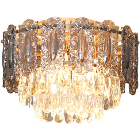 Chandelier Ceiling Light, 3-Light Vintage Flush Mount Fixture with Dual Crystal and Smoke Glass Shade, LED Ceiling Light for Living Room Bedroom, 3 E27 Sockets, Bulbs Not Included, Gold Tone