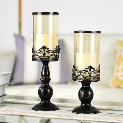 chandelier En 30cm & 37cm Ouragan Noir En Dtresse Vintage 2pcs, Socle Polyvalent En Verre De Pidestal Mtallique Base Pour La Dcoration De Fte Mari