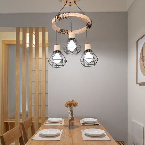 Chandelier Pendant Light Iron Diamond Lampshade- Style Retro - 3 Lights - Adjustable Rope - Black