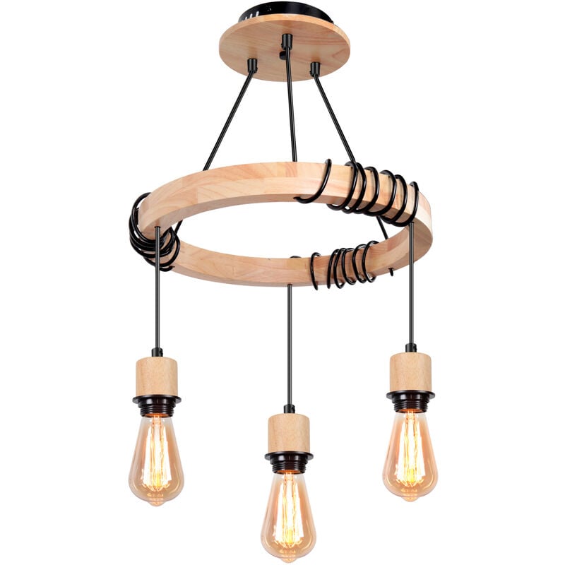 Chandelier Pendant Light Made of Wood - Style Industrial Retro - Adjustable Hemp Rope - Black - 3 Lights