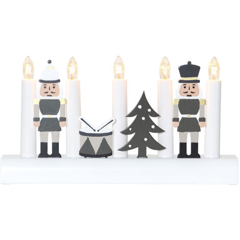 Chandelier Star Trading 'Julia' avec motifs de Noël, 5 flammes, ampoule E10, bois blanc-vert, blanc chaud, L 28 cm