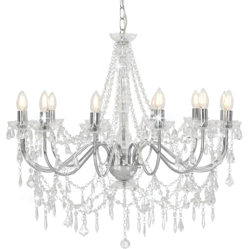 Chandelier with Beads Silver 12 x E14 Bulbs Vidaxl