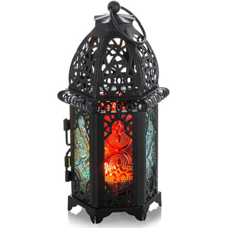 chandeliers en vitrail, lanternes en métal, bougeoirs parfumés, ornements en fer forgé, noir