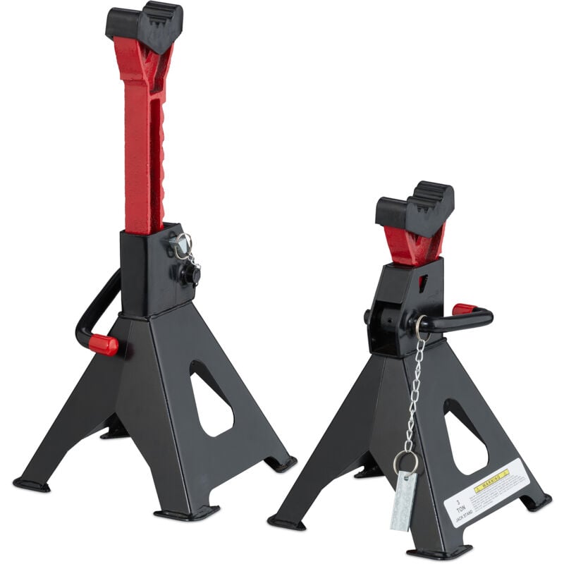 Chandelle 2 pièces, 29-42 cm, cric ajustable, 3t de capacité, voiture, caravane, acier, noir/rouge - Relaxdays