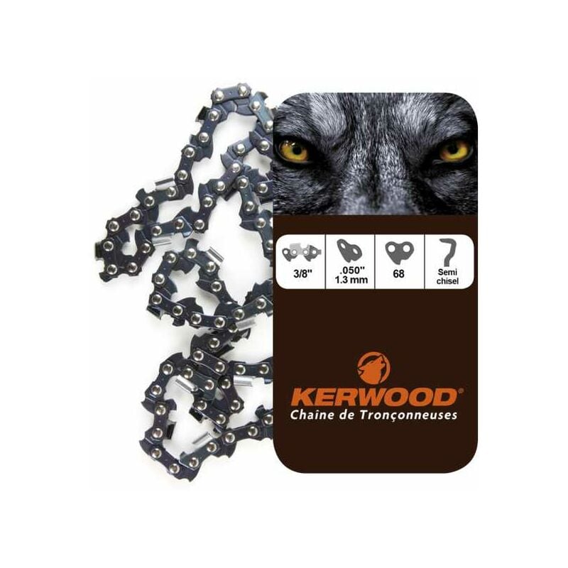 Kerwood - Chaîne pour tronçonneuse 3/8' 1,3 mm. 68 maillons. Gouge profil demi carré