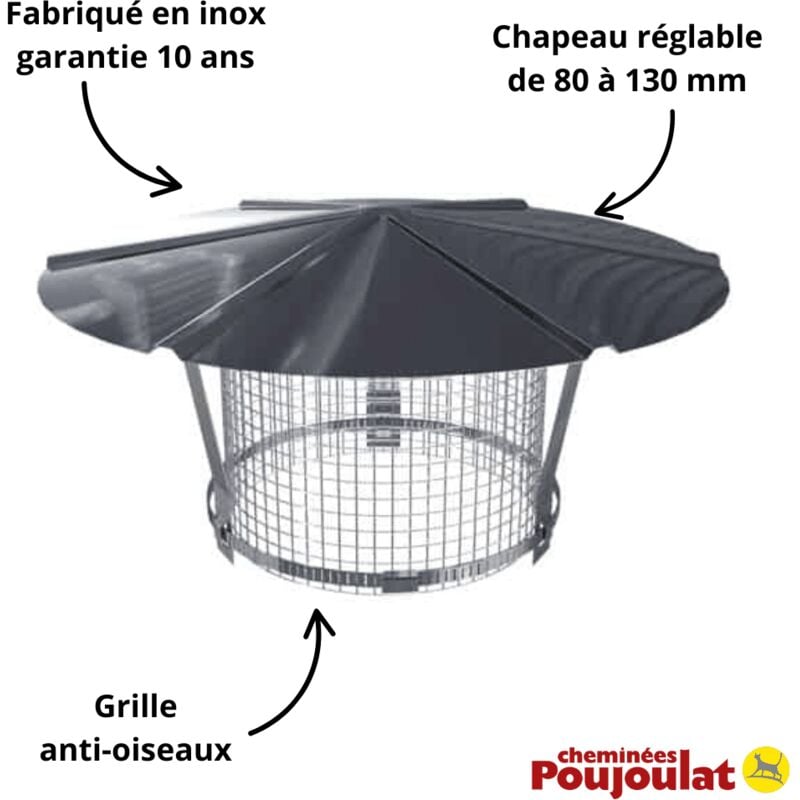 Chapeau chinois inox réglable de 80 à 130 mm anti-oiseau Poujoulat