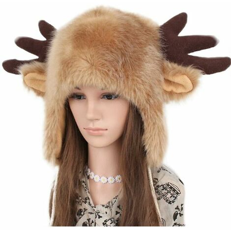 Chapeau de corne de wapiti de no?l fausse fourrure peluche moelleux plus chaud hiver oreillette chapeaux casquette trappeur russe coupe-vent chapeaux d'ext��rieur