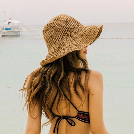 MLPKOI Chapeau De Paille Femme, Chapeau De Soleil De Plage Pliable Upf 50 Chapeau De Paille A Large Bord Pour Femme Avec Noeud D