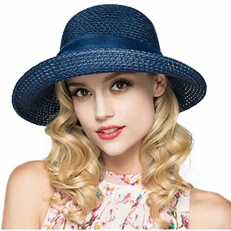 Chapeau de paille d'été pour femme avec pare-soleil Flabby Beach Chapeau de soleil avec large bord Chapeaux de plage d'été pour femme et fille Bleu marine