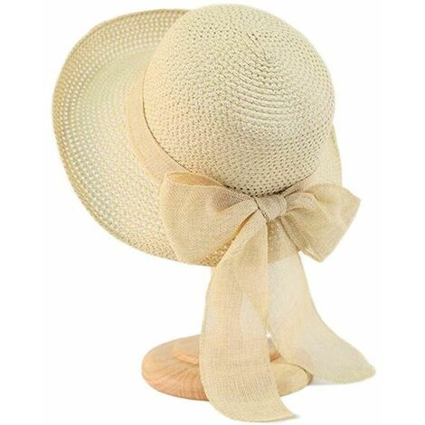 Chapeau de paille d'été pour femme avec pare-soleil Flabby Beach Sun Hat Wide Brim Summer Beach Chapeaux pour femmes et filles Beige
